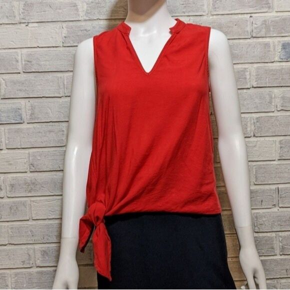 Maven West shirt red side tie knot mandarin collar sleeveless sz XS - Picture 7 of 8